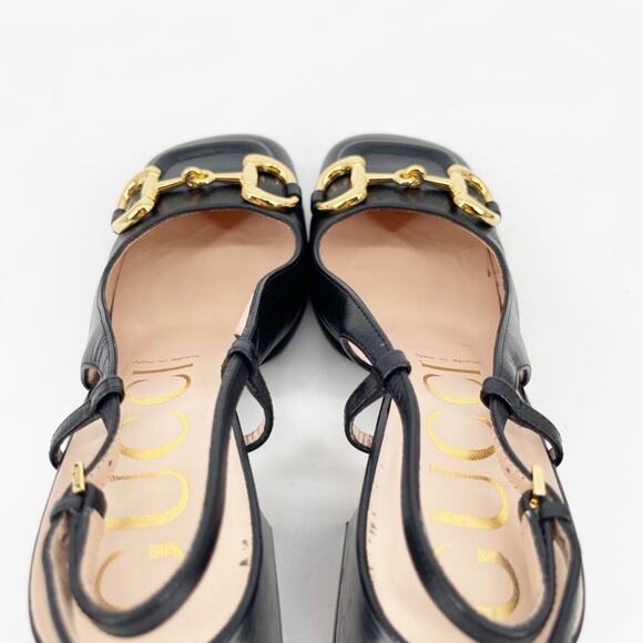 Gucci Black Leather Baby Horsebit Square Toe Block Heel Slingback Pumps EU 37 - Picture 9 of 12